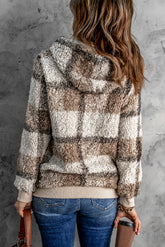 Khakifarbener Fleecemantel mit Reißverschluss und Kapuze und Karomuster